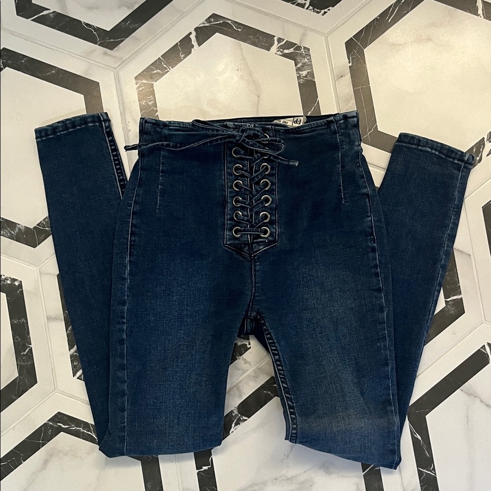 Free People Navy Lace-Up High Rise Jeans